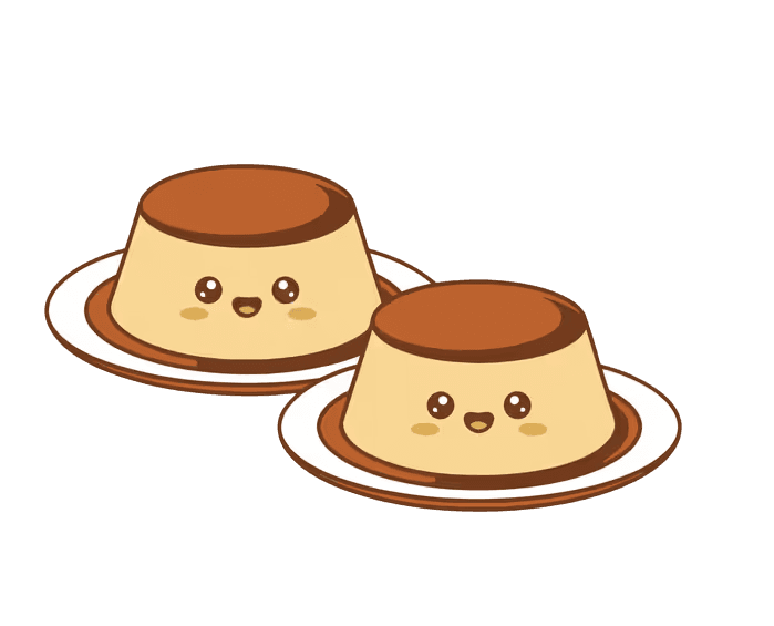 Two Dosi Mama caramel puddings on plates, topped with glossy caramel